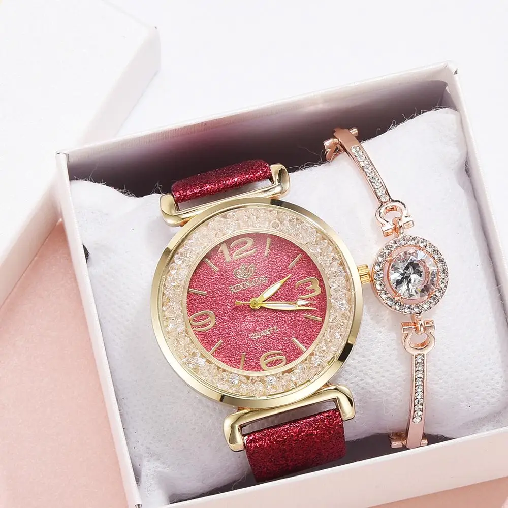 Red With Bracelet Модные звездное небо, стразы, циферблат, женские наручные часы, кожаный ремешок, кварцевые часы, современные наручные часы для женщин, Relogio Feminino - Цвет: Red With Bracelet