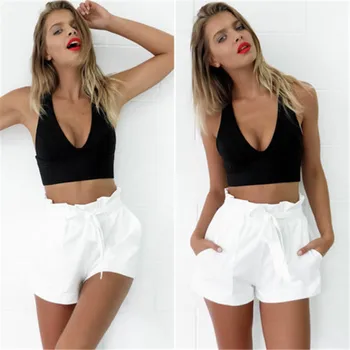 

New Fashion Womens Shorts High Waist Tie Belt Paper Bag Shorts Drawstring Sashes Solid Home Shorts Ladies Summer Casual Work