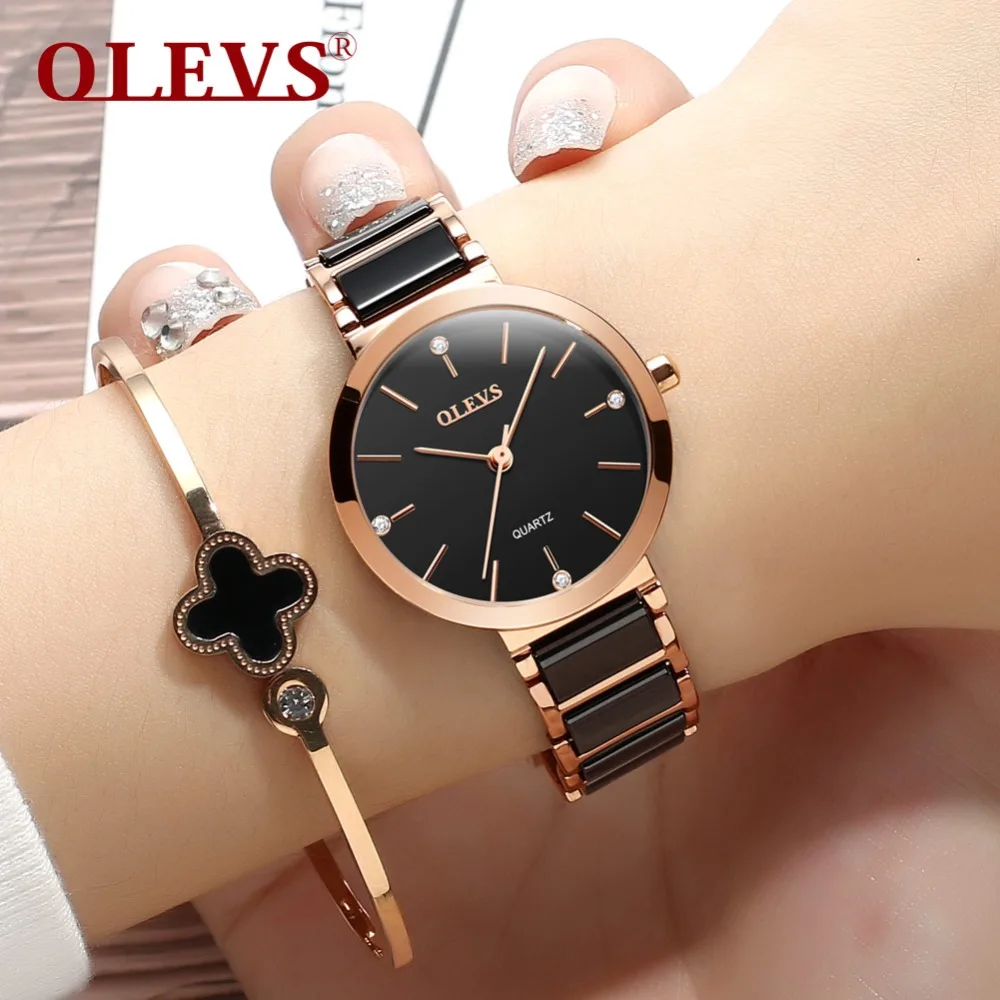 Montre Femme OLEVS женские часы Роскошные модные кварцевые минималистичные водонепроницаемые черные керамические часы Relogio Masculino