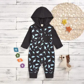 

Fashion Infant Baby Boys Girls Cotton Long Sleeve Hooded Romper Dinosaur Printed Jumpsuit black colour