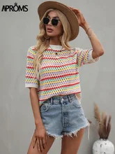 

Aproms Elegant Multi Striped Crochet Knitted T-shirts Women Summer 2022 Casual Half Sleeve Hollow Out Tops Female Loose Tees