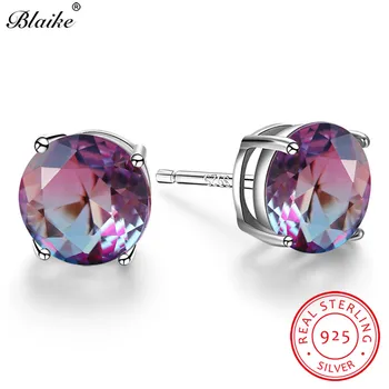 

925 Sterling Silver Earrings Round Rose Red Blue Zircon Mystic Rainbow Fire Crystal Wedding Stud Earrings For Women Fine Jewelry