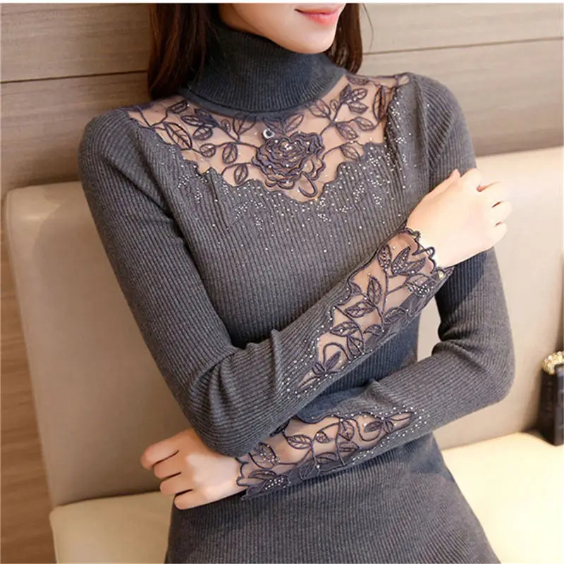 

Korea Autumn Winter Solid Turtleneck Pullovers Sweaters Women Spring Sexy Gray Embroidery Lace Knitted Slim Sweater Female