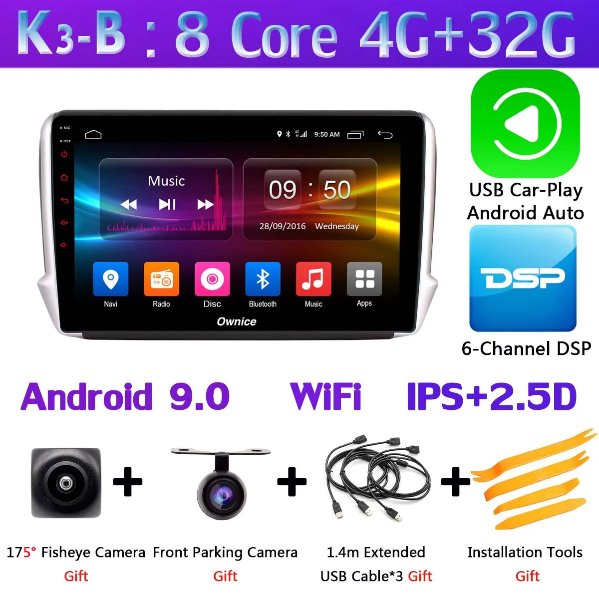 1din 360 ° панорамная камера 4G SIM WiFi Android 9,0 4 Гб+ 64 Гб DSP CarPlay Автомобильный плеер для peugeot 2008 208- gps радио - Цвет: K3-B-CarPlay