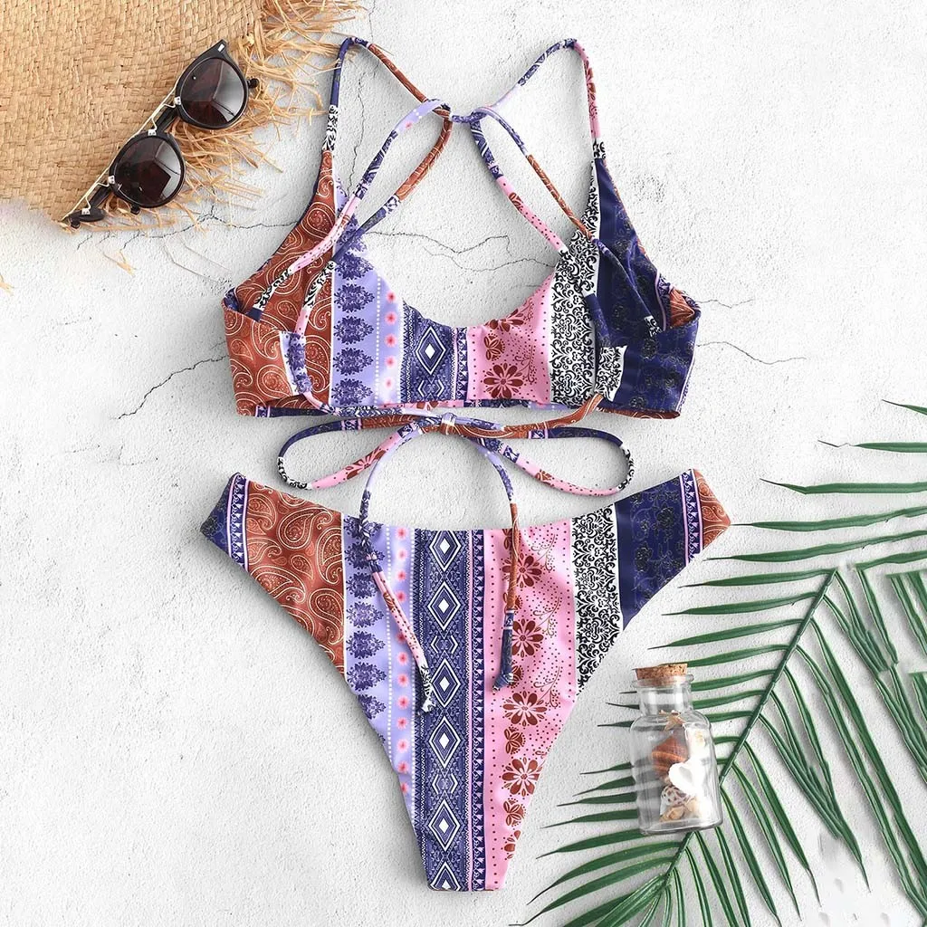 

JAYCOSIN 2020 Fashion Ethnic Wind Swimwear Women Waist Bib Bikini Retro Print Beach Bathing Summer Swimsuit Sweet Temperament