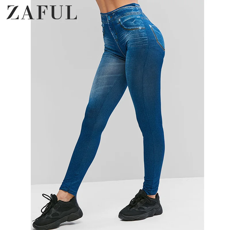 ZAFUL, модные женские джинсовые леггинсы, женские штаны, эластичные, с высокой талией, с принтом, женские брюки, уличная одежда, длинные джеггинсы, новинка