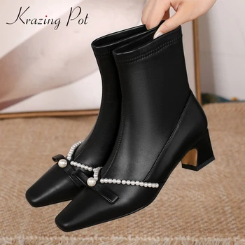 

Krazing pot french romantic real cow leather butterfly-knot beading square toe thick med heel slip on gorgeous ankle boots L45