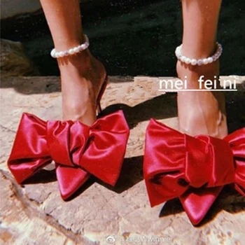 

2020 spring new women's pointed high heels bowknot mules can be customized 42-44 size