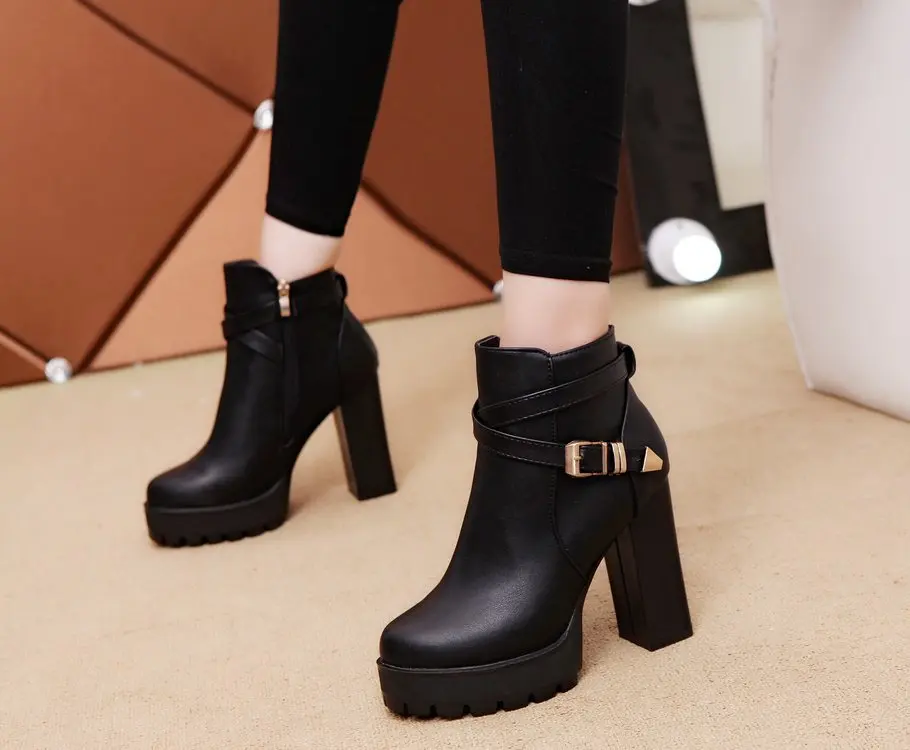 

Martin Boots High Heels 2019 Autumn And Winter New Style Belt Buckle Europe And America Boots Side Zipper Waterproof Platform Bl