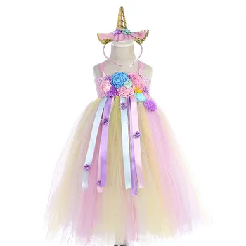

Bustle Unicorn Tutu Dress Sweet Candy Flowers Girl Birthday Party tutu Dresses Children Halloween Unicorn Costume With Headband