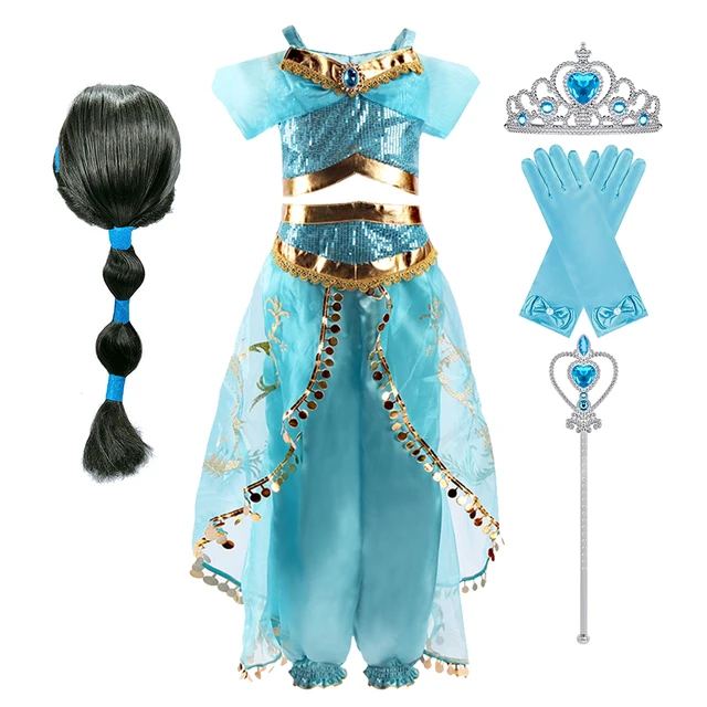 Girls Jasmine Dress Arabian Princess Costume Kids Birthday Party Christmas Fancy Dress Baby Jasmine Cosplay Costume 3-10 Years Dress and set p