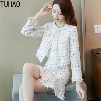 

TUHAO 2020 Spring Fashion Korean Style OL Office Plaid Wear 2 Pieces Set Women Vintage Lattice Outwear Coat Bodycon Skirts LZ52