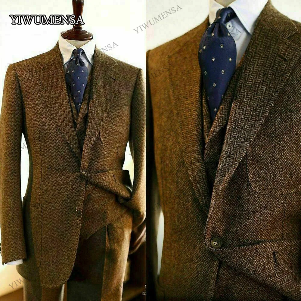 

Herringbone Men Suits Formal Business Blazer-Set Brown Tweed Wollen Groomsmen Marraige Wedding Tuxedo Jacket+Waistcoat+Pants