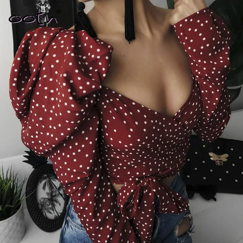 

Sexy Crop Top Backless Polka Dot Shirts Women 2019 Lace Up Red V-Neck Puff Sleeve Woven Women's Blouse Autumn Summer Streetwear