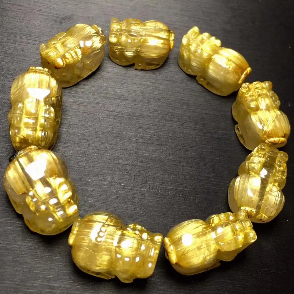 

Top Natural Gold Rutilated Titanium Quartz Bracelet Woman Man Brazil Clear Pi XIu Beads 21x14x12mm Crystal Jewelry AAAAAA