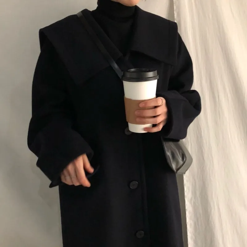 Женское зимнее черное длинное шерстяное пальто с длинным рукавом, темно-синее Прямое пальто с воротником, однобортное пальто-кардиган, верхняя одежда размера плюс