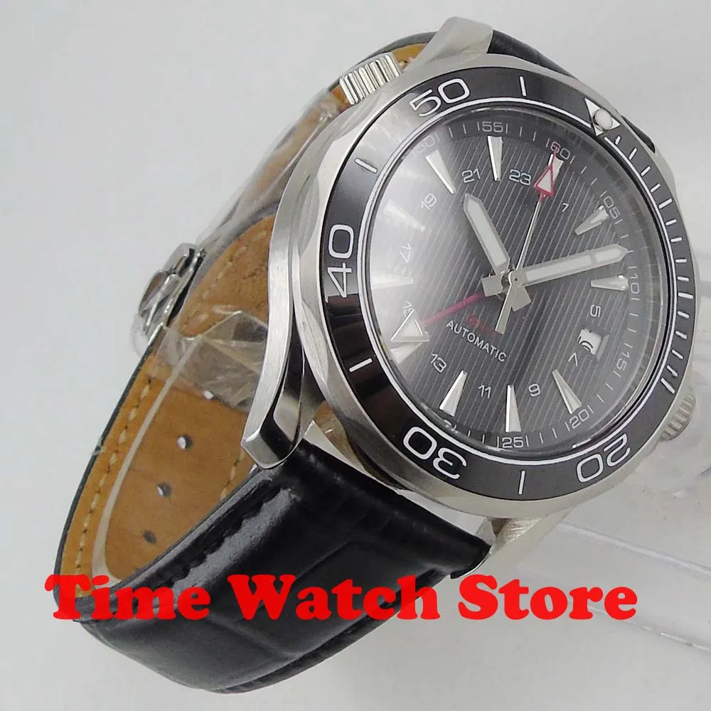 Новые 41 мм Bliger GMT автоматические часы мужские роскошные механические водонепроницаемые черный циферблат кожаный ремешок керамический светящийся сапфир 877