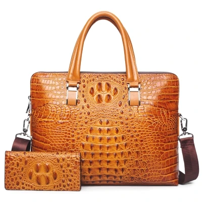 Мужская роскошная сумка из натуральной воловьей кожи с узором «крокодиловая кожа», деловой кожаный портфель для ноутбука для мужчин, сумки на плечо - Цвет: yellow with wallet