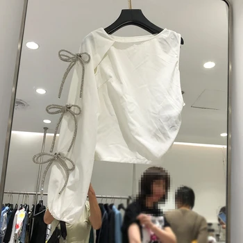 

New Women's Single Sleeve Diamond Bow Decorative Off-Shoulder Irregular Shirt Summer Pullover Shirt Blouse Ladies Tops Blusas