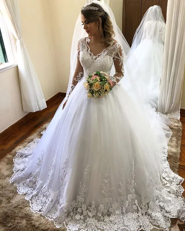 Vestido De Noiva Сексуальная Кружевная аппликация на свадебные платья со шлейфом и пуговицами сзади, с длинным рукавом, vestidos Novia