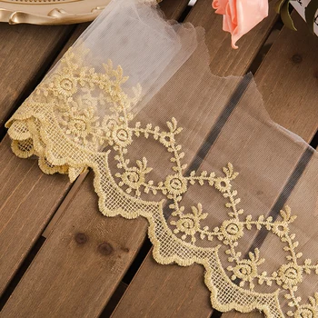 

golden lace fabric embroidery floral 14cm wide mesh lace trim for handmade DIY material needlework sewing accessories crafts