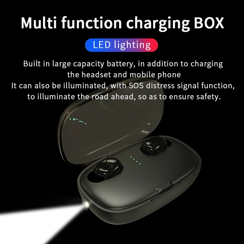 Mini in ear wireless bluetooth earphones with multi function charging box bluetooth 5 0 led lighting waterproof headphones