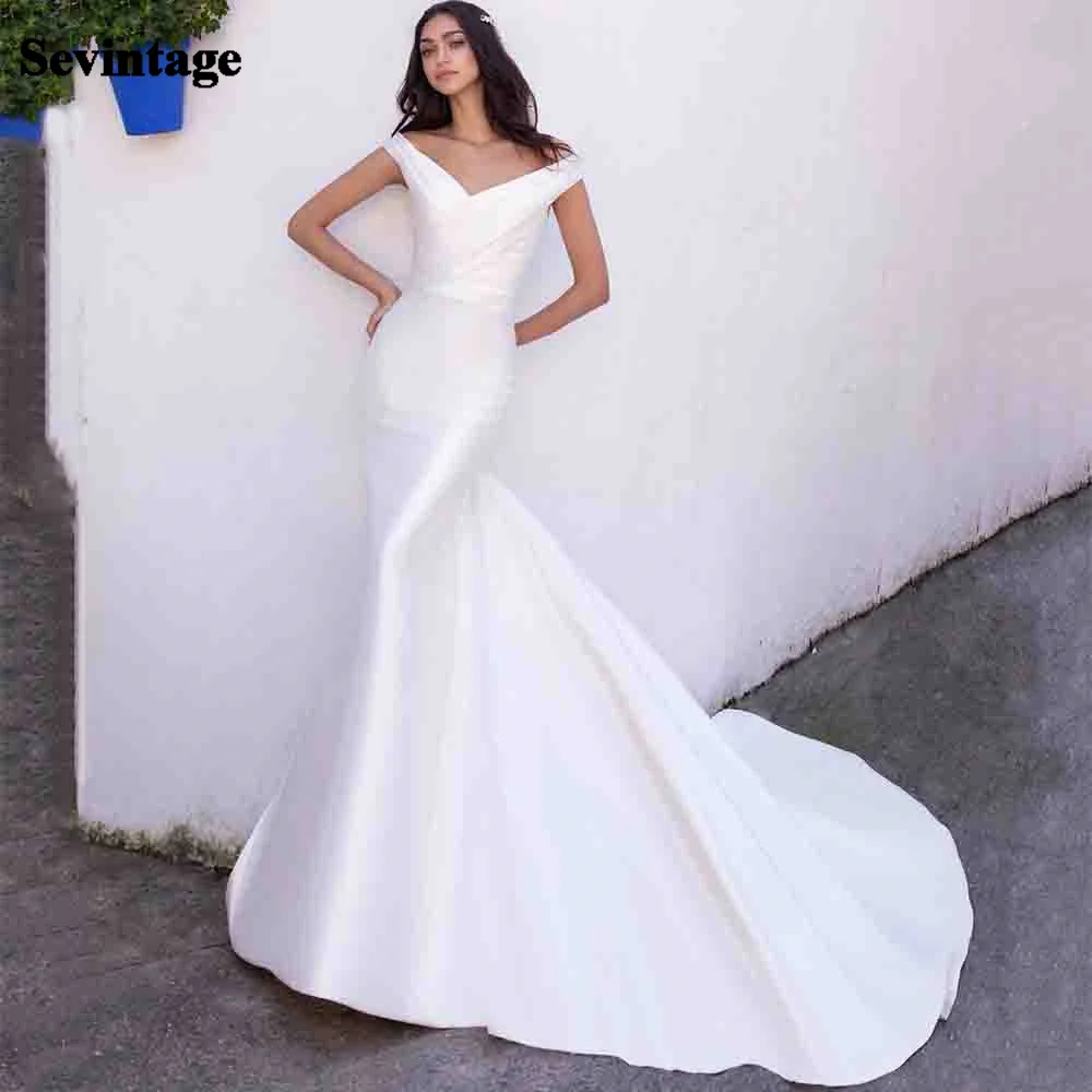 

Sevintage Mermaid Wedding Dress Satin V-Neck 2021 Sleeveless White Wedding Gown Simple Bridal Dress robe de mariée Plus Size