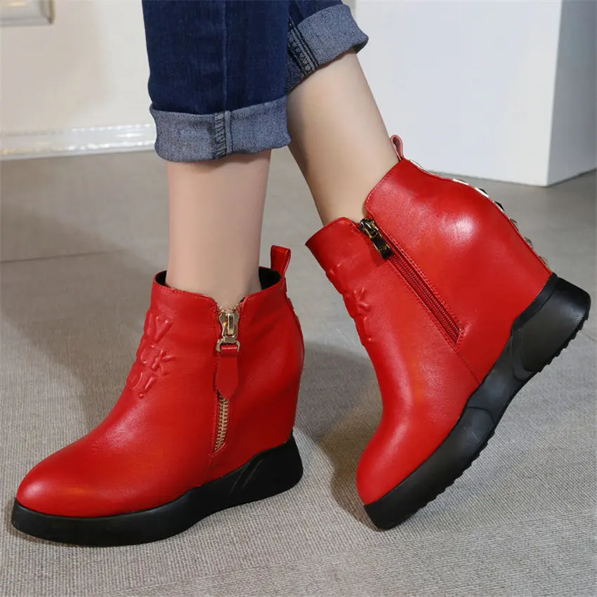 

Punk Trainers Women Cow Leather Wedges High Heel Ankle Boots High Top Winter Warm Platform Pumps Pointed Toe Fashion Sneakers
