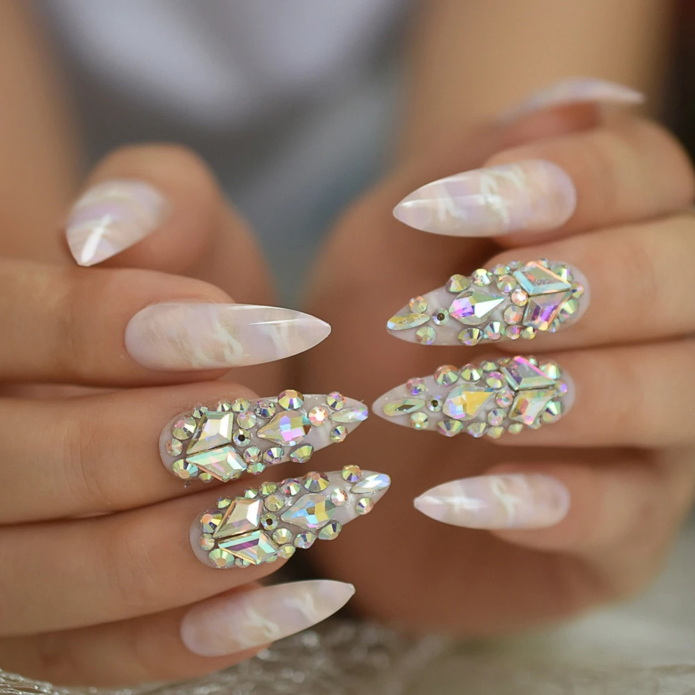 Gorgeous Luxury Press On Nails Extra Long Light Marble Colorful Crystal Faux Ongles with Large Rhistones AB Perfect Party