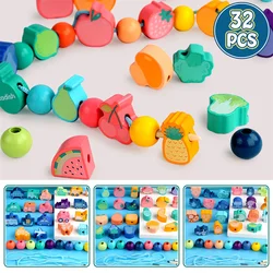 32pcs Toys Baby DIY Toy Cartoon Fruit Animal Wooden Stringing Threading Wooden beads Toy Monterssori Educational for Kids GYH