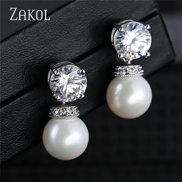 White Color ZAKOL милые круглые серьги-гвоздики в форме циркония с искусственным жемчугом женские вечерние ювелирные изделия FSEP2004 - Окраска металла: White Color