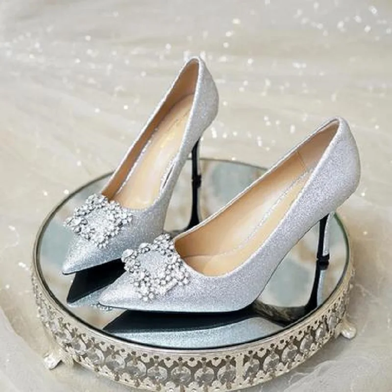 Spring and autumn silver ladies high heel stiletto rhinestone pointed bridesmaid shoes 2018 new bridal | Обувь