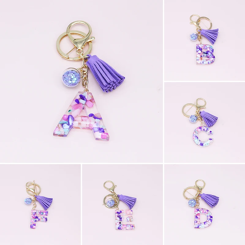 Cute Creative Letter Alphabet Crystal Arylic Liquid Keychain Women Key Chains Ring Car Bag Tassels Pendent Charm Gift Accessory