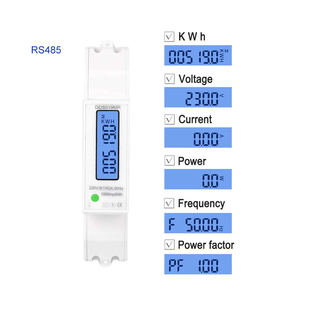 DDS519 энергосберегающий ваттметр ЖК-дисплей счетчик потребления электроэнергии 1P DIN Rail измеритель kwh 220V с голубой подсветкой 100A - Цвет: DDS519 mult-function