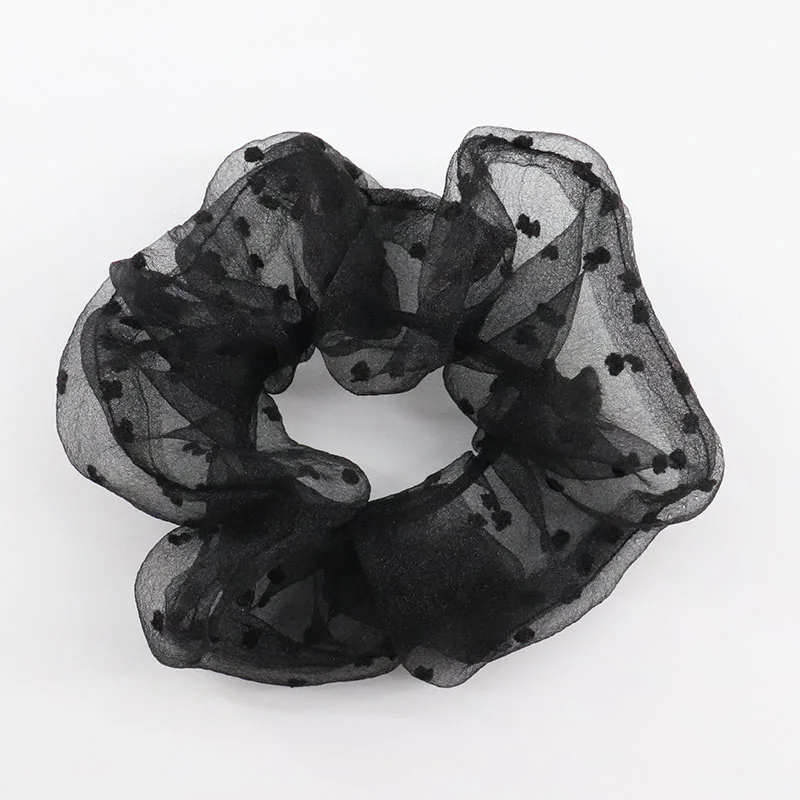 New Arrival Organza Scrunchies Dots Flocking Fashion Hair ponytail Hold Elestic Hair Tie Hair Accessories Gift for Her - Цвет: Черный