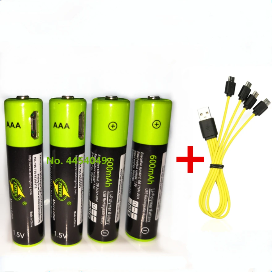4 шт. ZNTER 1 5 в AAA 600 мАч перезаряжаемая литиевая батарея USB полимерная