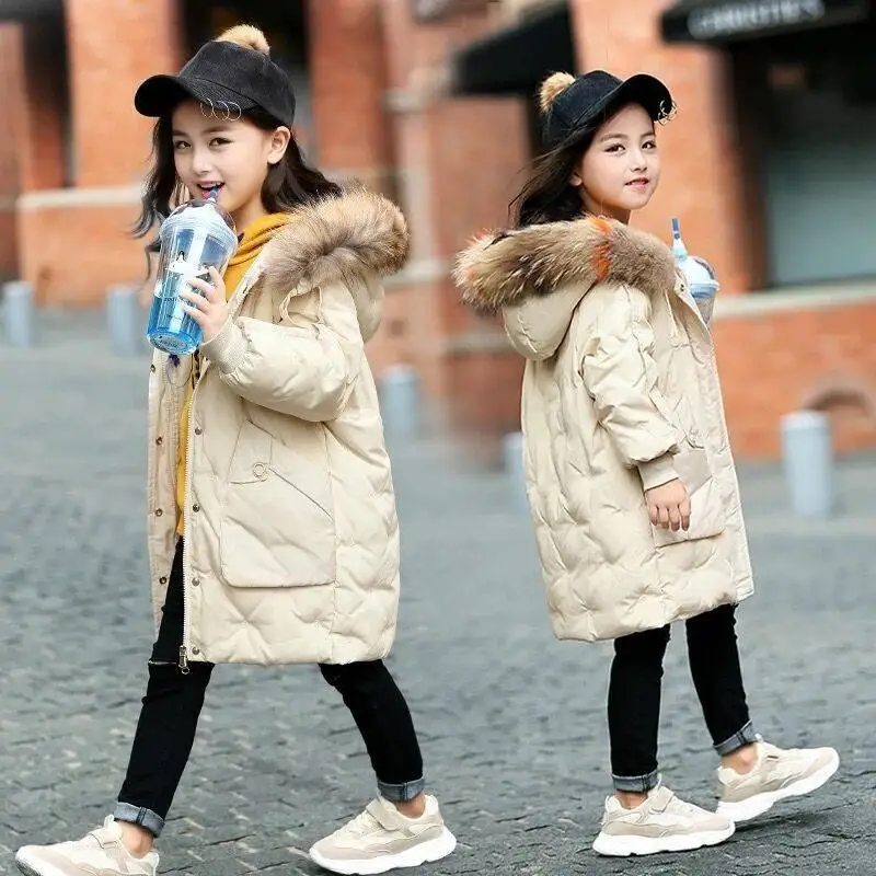 

2019 Winter Children Girls Jacket Kids Girls Thick Warm White Duck Down Coat Parka Teenage Hooded Real Fur Collar Outerwear W167