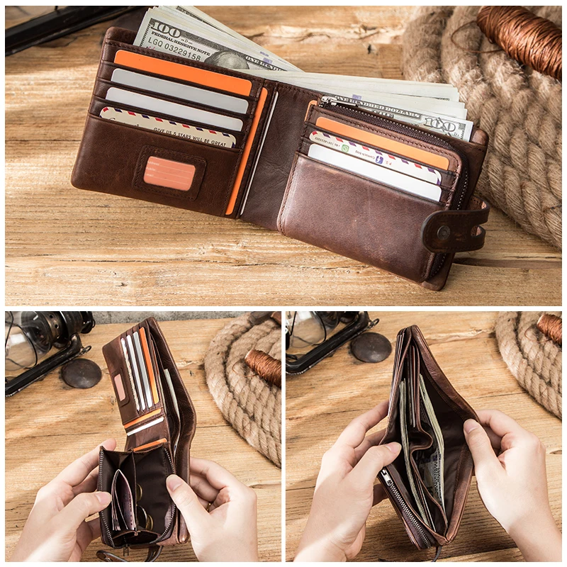 CONTACT'S Casual Men Wallets Crazy Horse Leather Short Coin Purse Hasp Design Wallet Cow Leather Clutch Wallets Male Carteiras