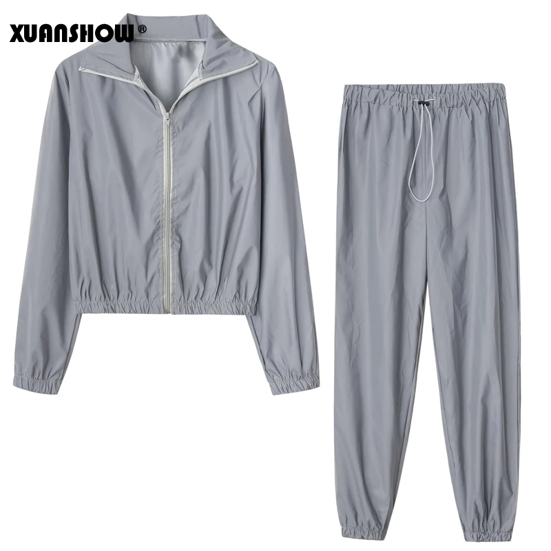 Najtaniej XUANSHOW kobiety Windbreak zestaw odblaskowy dwuczęściowy zestaw Casual bluzy hip hopowe nocne lekkie ubrania długi garnitur ze spodniami 2019 Plus rozmiar