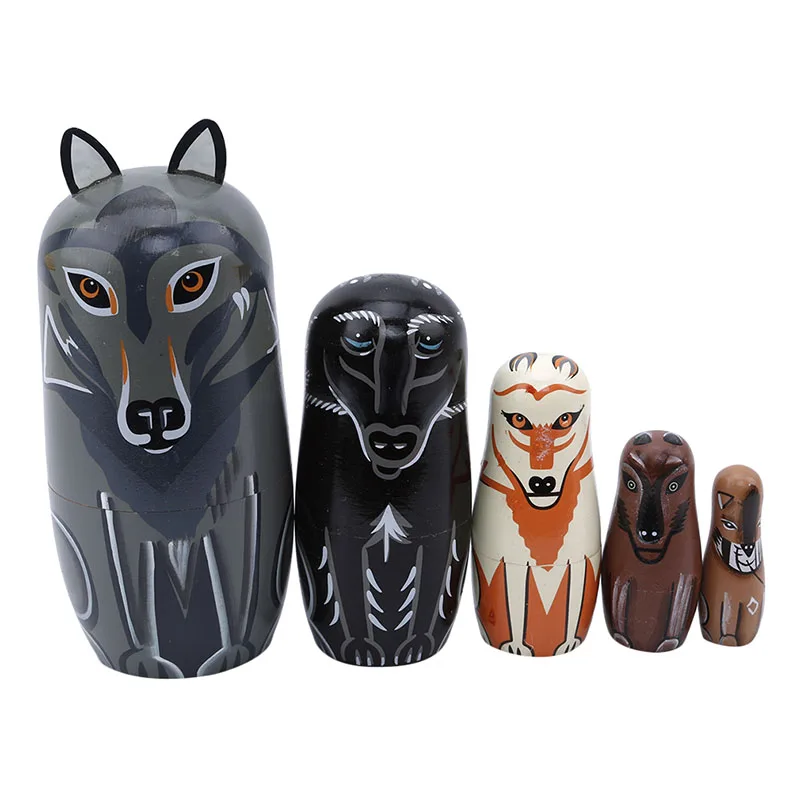 5PCS/Set New Cute Wooden Animal Wolf Paint Nesting Dolls Russian Doll Matryoshka Gift Hand Toy Home Decoration Kids Gifts | Игрушки и