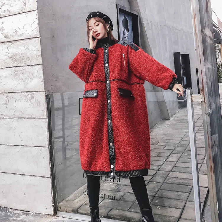 Red QING MO зимнее женское Шерстяное Пальто Женское пальто из искусственной кожи в стиле пэчворк женское Свободное пальто с широкой талией черное зеленое красное ZQY2433 - Цвет: Red