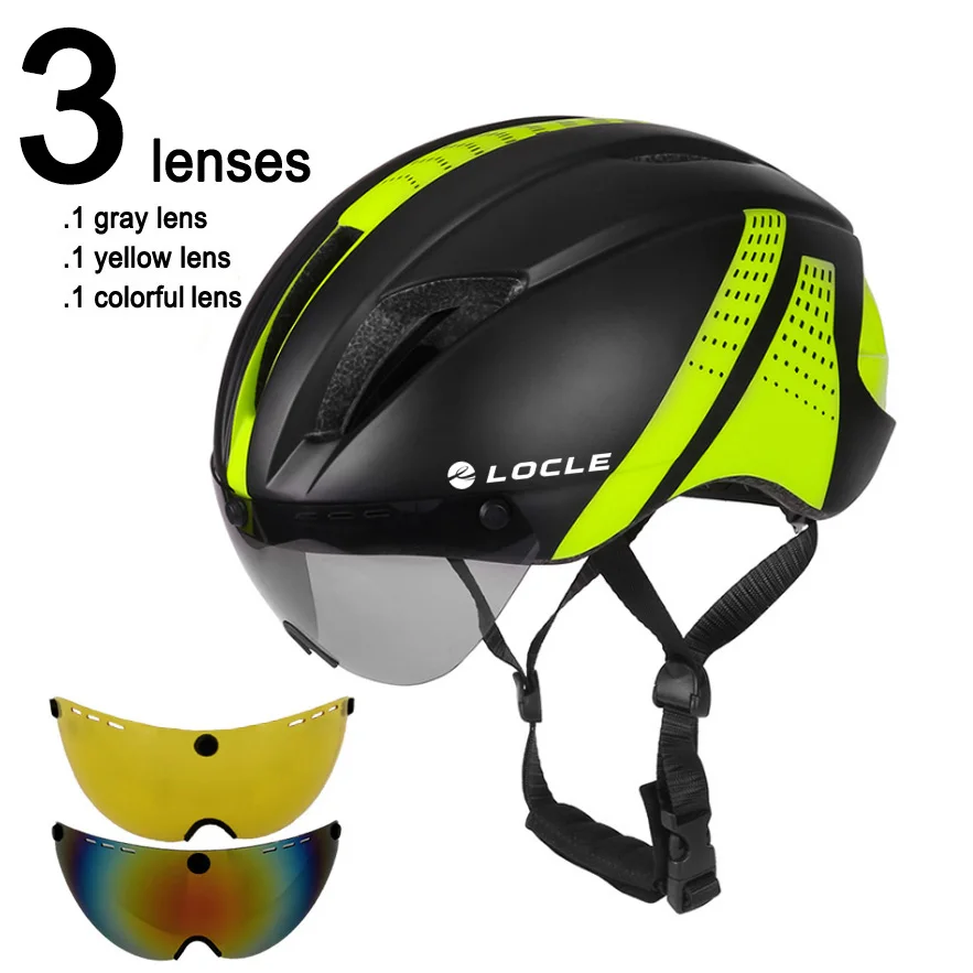 Black Green 3 Lenses LOCLE от 1 до 3 линзы Магнитные очки велосипедный шлем дорожный горный MTB в форме велосипедный шлем для езды скорость время-пробный велосипедный шлем - Цвет: Black Green 3 Lenses