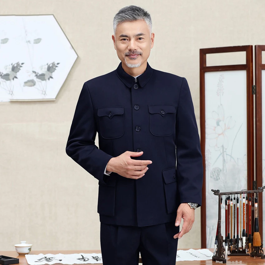 Traditional Chinese Tang suit for men jacket coat New Year Spring Festival tunic Zhongshan Mao suit blazer knitting pockets top