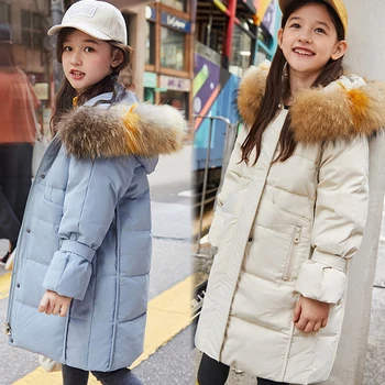 

-30 Degrees Girls Thickening Warm Down Jackets Girl Long Section Big Fur Hooded Down Jacket Children Outerwear Coats