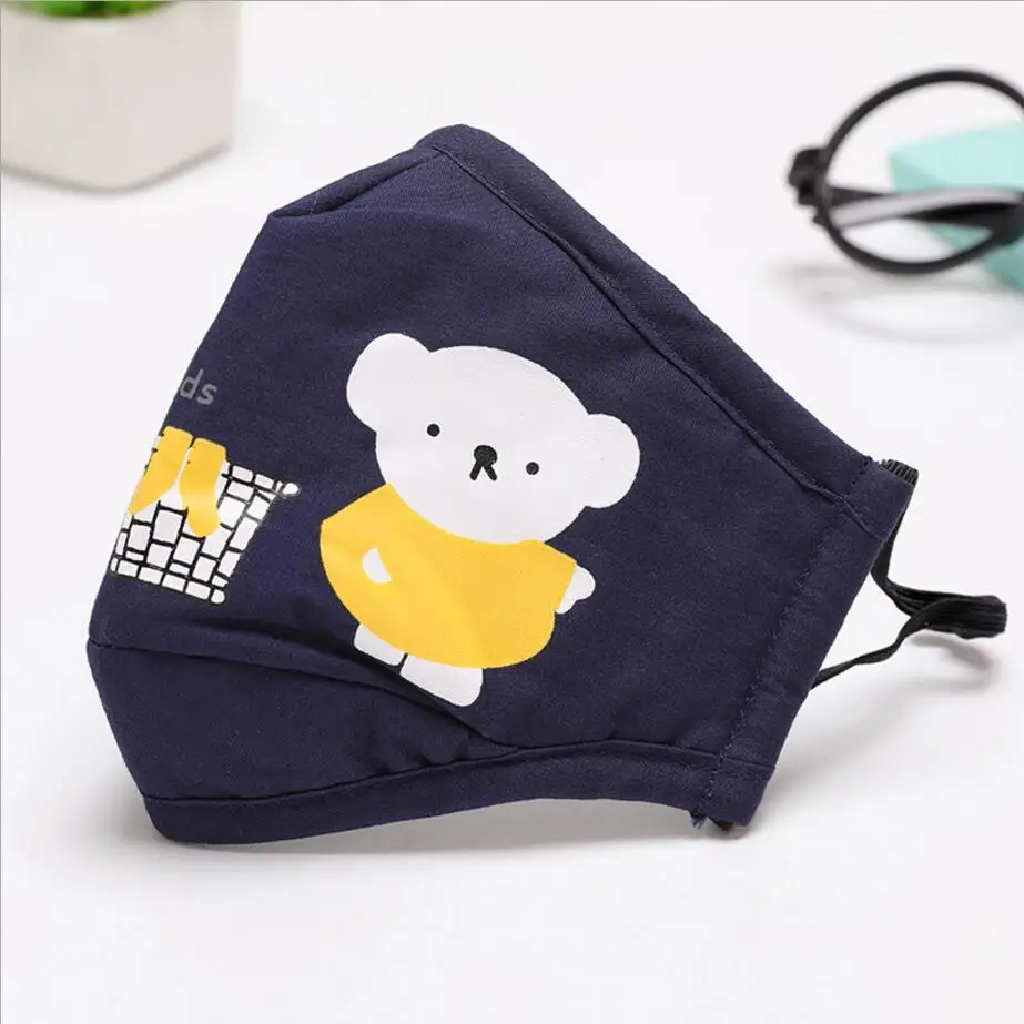 Navy blue Хлопковая маска с мультяшным медведем для детей от 3 до 10 лет Пылезащитная маска РМ2, 5 маска для рта с фильтром из активированного угля Ветрозащитная маска для лица - Цвет: Navy blue