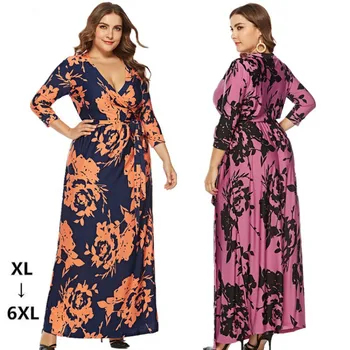 

QMGOOD 2020 Fashion Women Plus Size Dress Elegant Vintage V-Neck Sexy Dress Ankle-Length Female Spring Clothes Party Dress 6xl