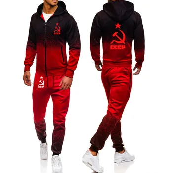 

Winter Autumn warm Tracksuit Men Hoodie sweatshirt jacket+sweatpants suit Unique CCCP Russian USSR Soviet Union Print sportwear