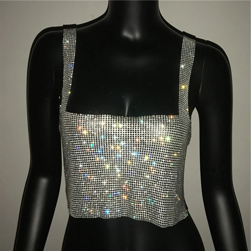 silk camisole Bling Rhinestones Party Crop Top 2022 Fashion Solid Backless Straps Full Diamonds Sequins Cami Cropped Top for Women camisole bra Tanks & Camis