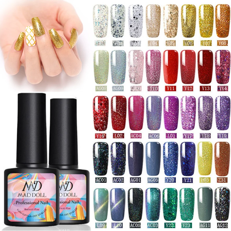 

MAD DOLL 8ml Glitter Nail UV Gel Polish Semi-Permanent Soak Off UV Gel Nail Polish Colorful Sequins Nail Art DIY Varnish