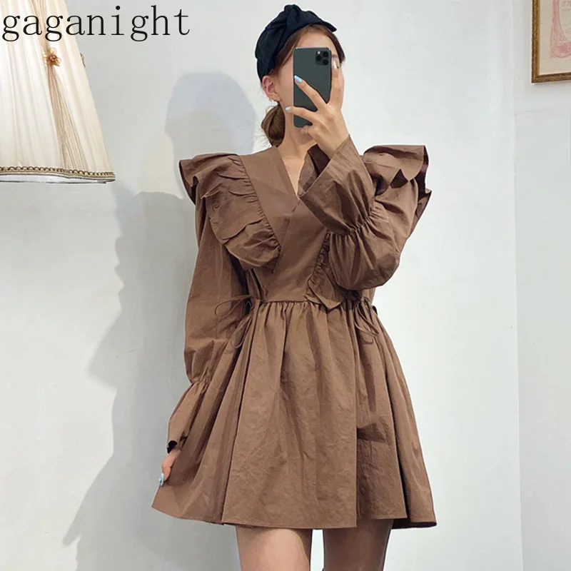 

Gaganight Korean Fashion Women Mini Short Ruffles Dress Long Sleeves V Neck Solid Girls Dresses Chic Summer Spring Vestidos Slim